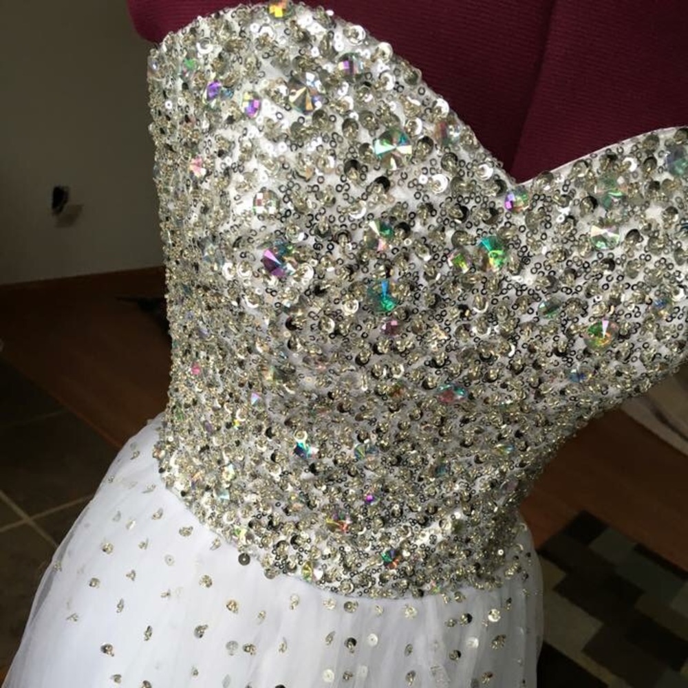 Strapless, white & silver beaded prom/pageant gown